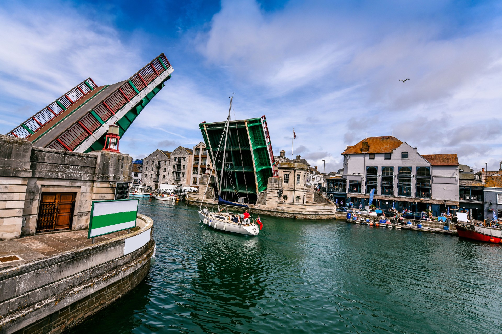 Open Drawbridge For Yacht To Pass Under In Weymouth, UK