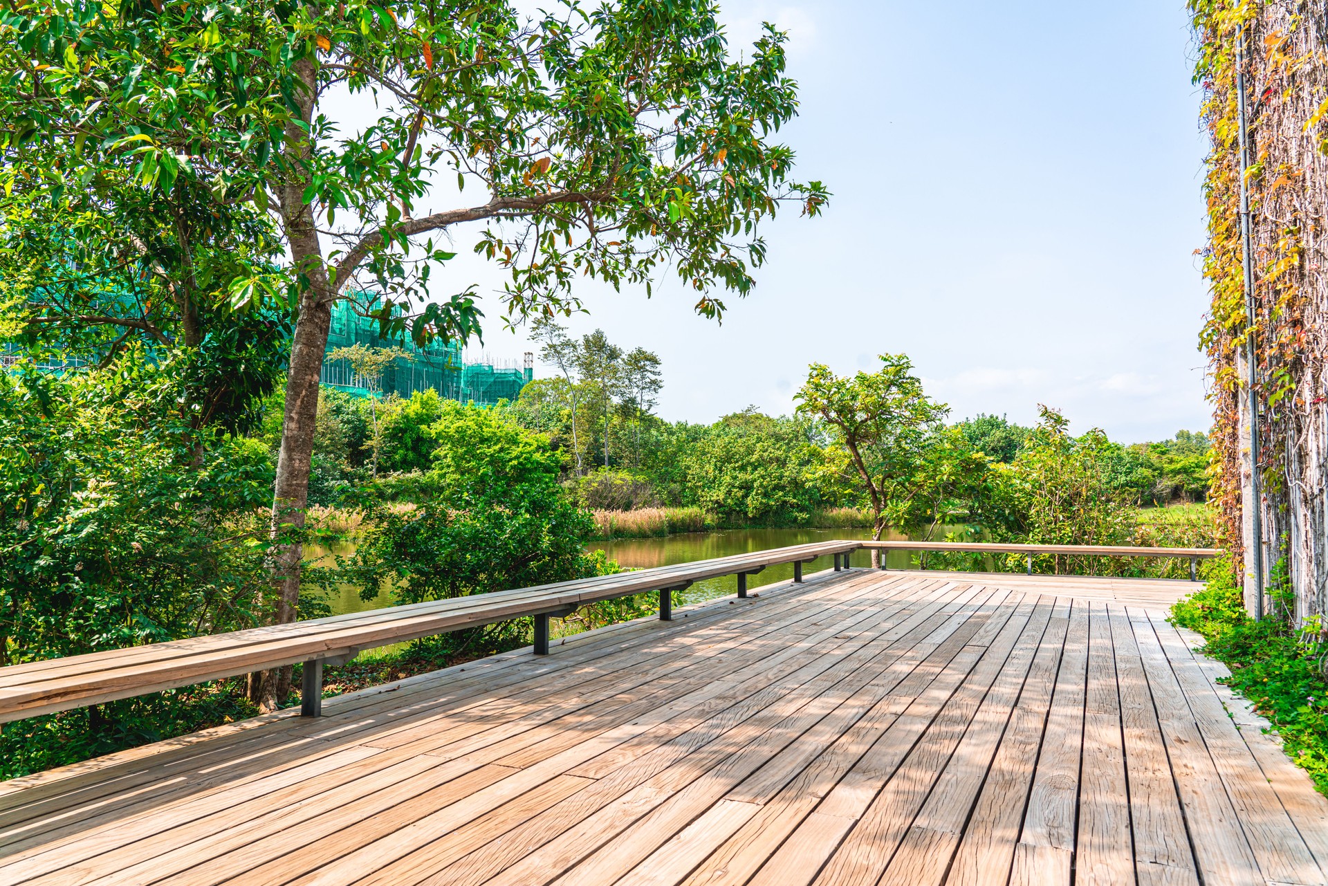 Empty wooden Wooden platform and rural scene